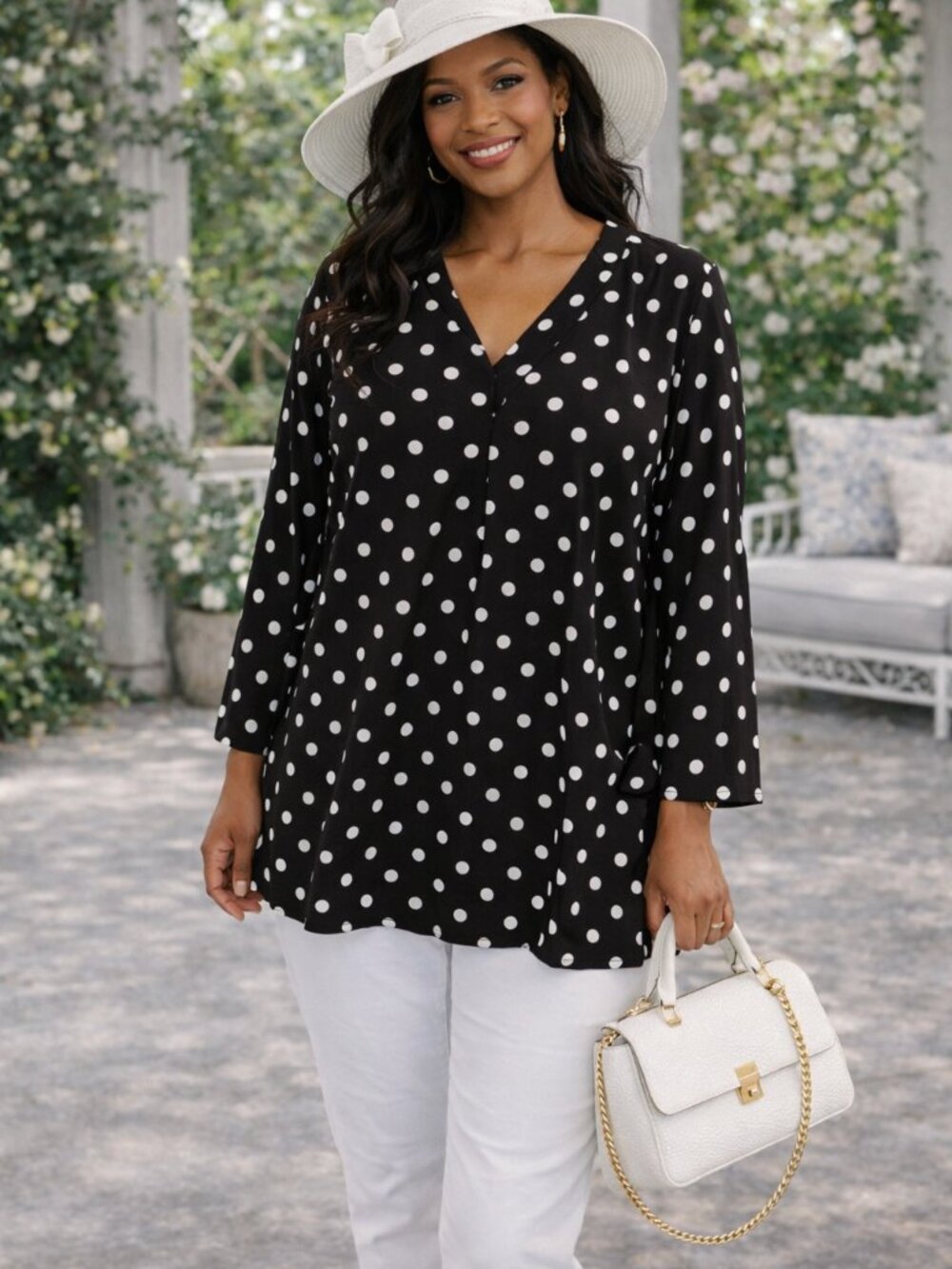 Black and White Polka Dot V-Neck Blouse